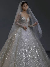 BXOXO Luxury Sequined Wedding Dresses Backless With Bow Lace Up A Line Pearl Long Sleeves Sweetheart Sweep Train Elegant Bridal Gowns